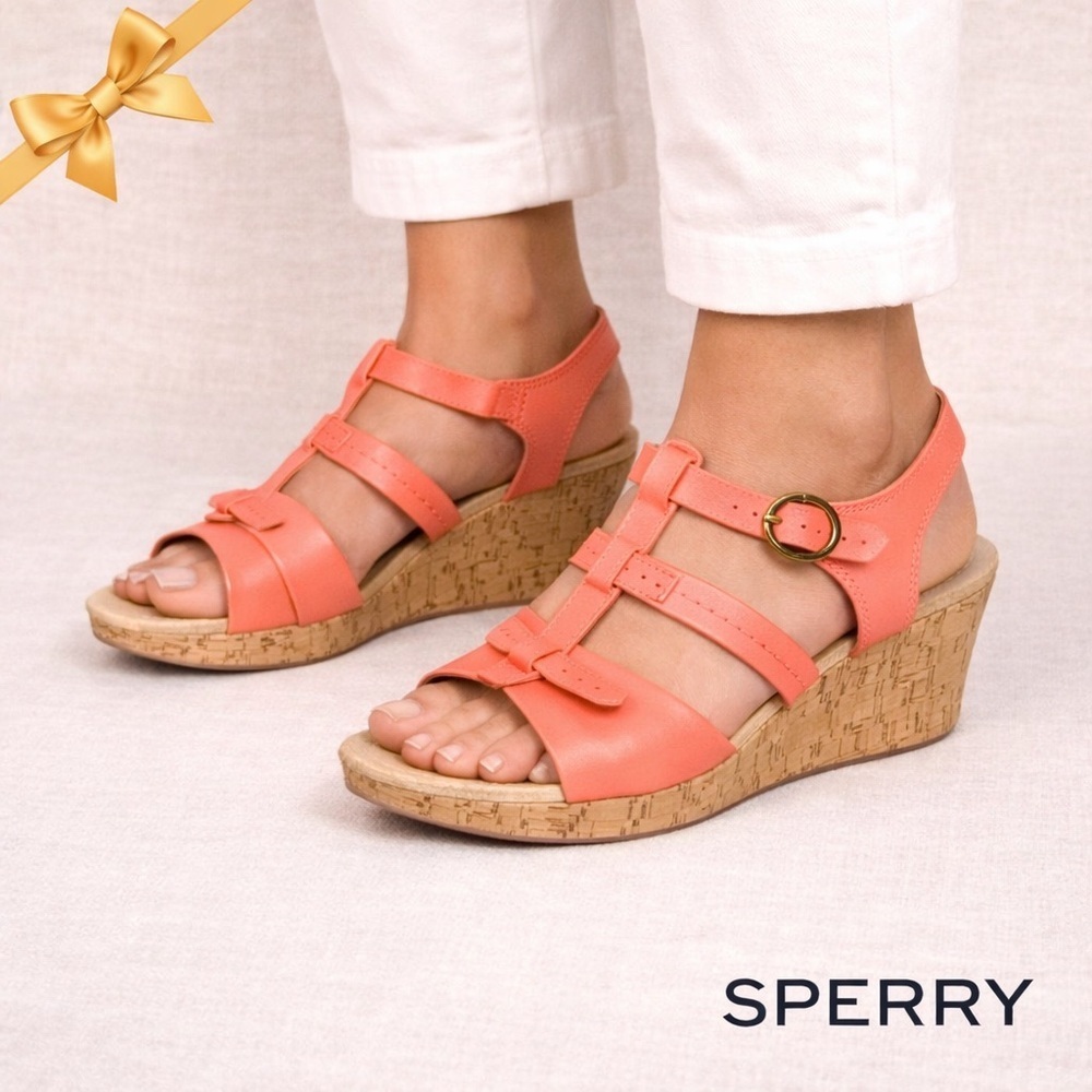 Sperry Coral Leather Wedge Sandals Size 10